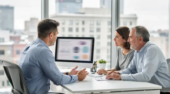 Courtier d'assurance en consultation avec un couple dans un bureau moderne à Montréal