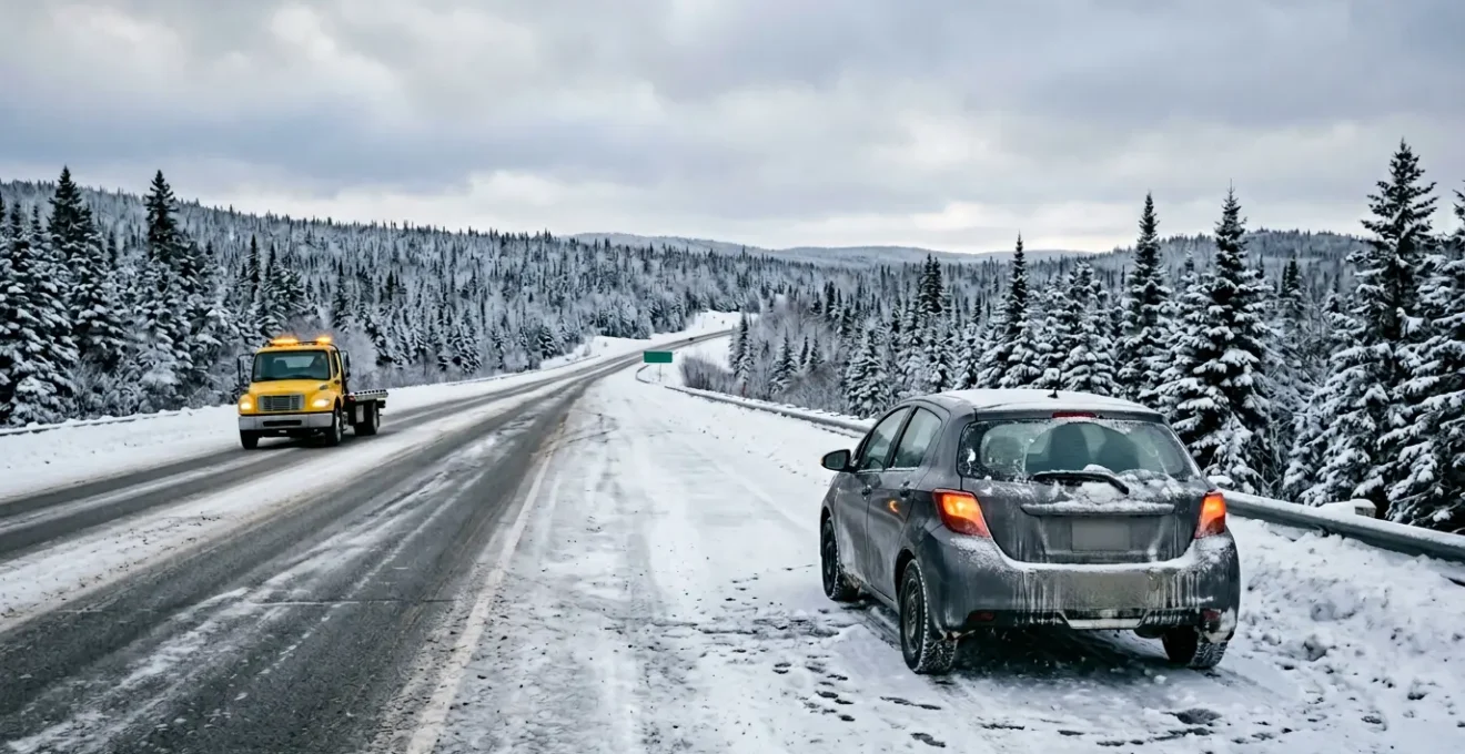 Automobile stationnée sur une route enneigée du Québec avec dépanneuse en arrière-plan, scène hivernale typique nécessitant une assistance routière
