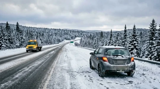 Automobile stationnée sur une route enneigée du Québec avec dépanneuse en arrière-plan, scène hivernale typique nécessitant une assistance routière
