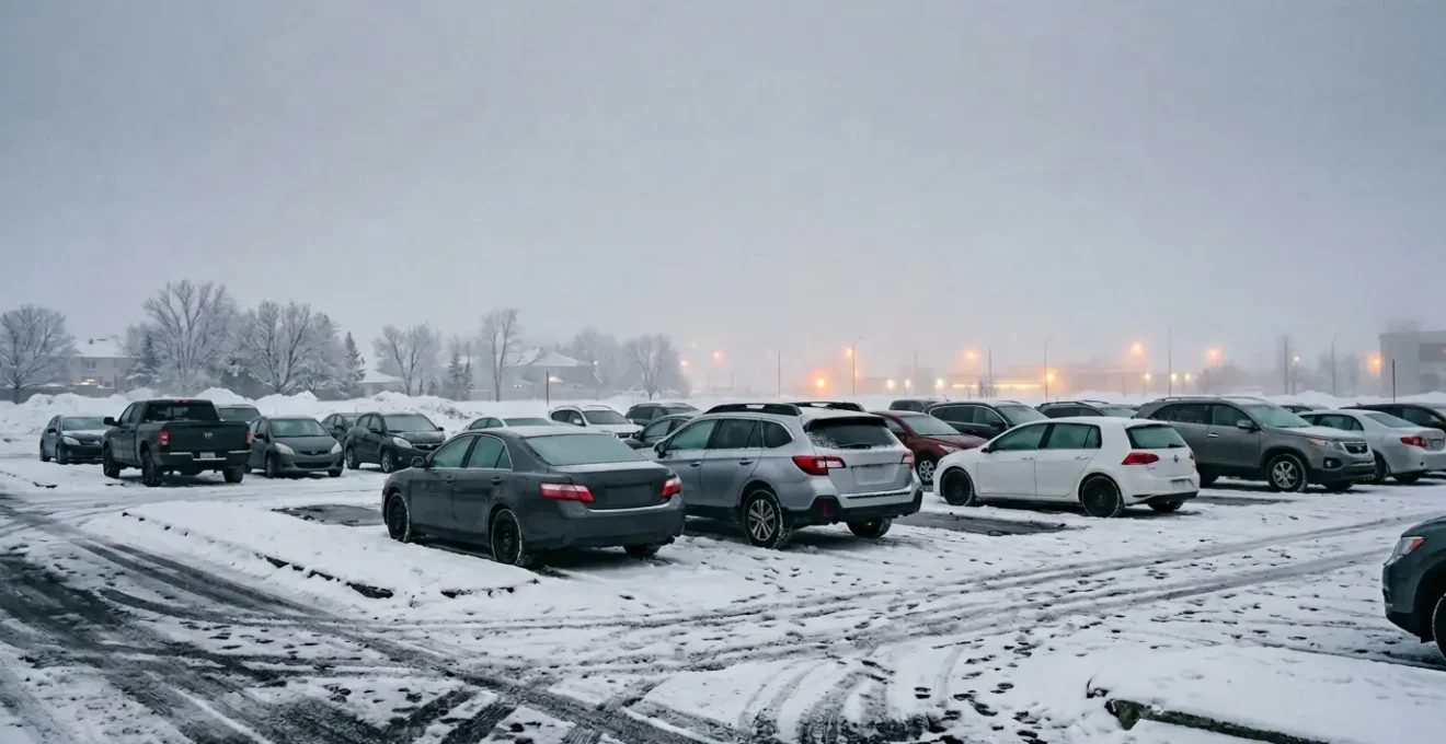 Vue grand angle d'un stationnement québécois en hiver avec divers véhicules couverts de neige légère, sans texte ni plaque visible