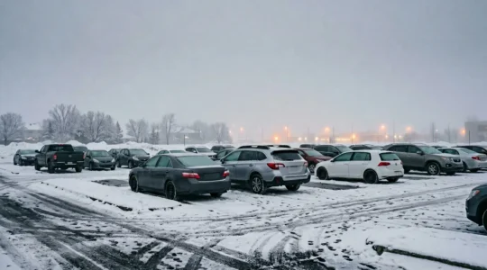Vue grand angle d'un stationnement québécois en hiver avec divers véhicules couverts de neige légère, sans texte ni plaque visible