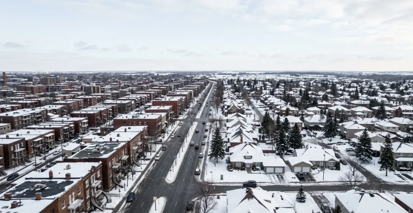 Vue aerienne d'un quartier residentiel quebecois montrant la diversite urbaine avec des immeubles et des maisons unifamiliales