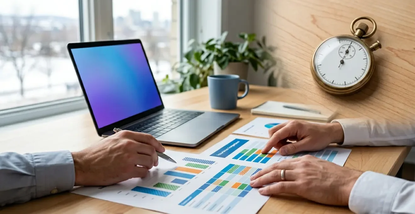 Personne comparant des offres d'assurance sur ordinateur avec chronomètre symbolisant l'économie de temps au Québec