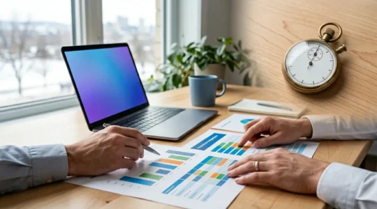 Personne comparant des offres d'assurance sur ordinateur avec chronomètre symbolisant l'économie de temps au Québec