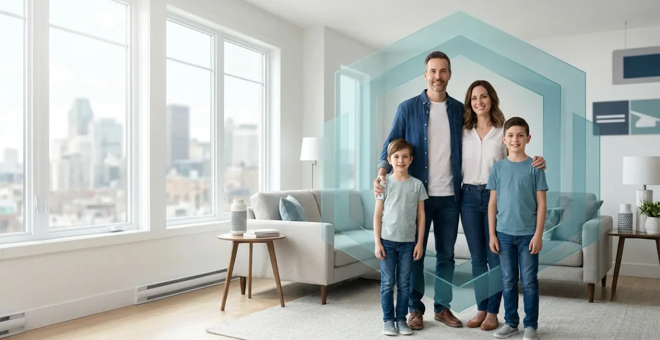Famille quebecoise protegee par un systeme de couverture sante complete symbolisant la securite financiere