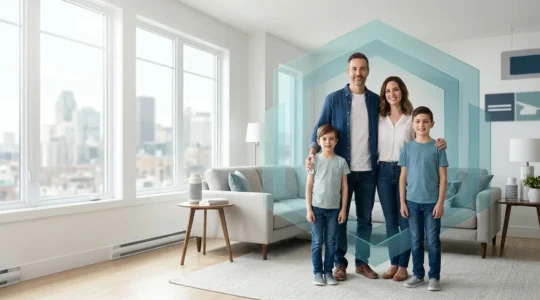 Famille quebecoise protegee par un systeme de couverture sante complete symbolisant la securite financiere