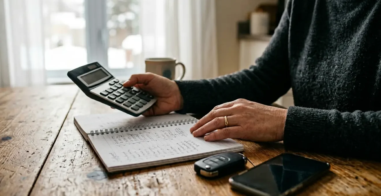 Vue rapprochée de mains tenant une calculatrice et des documents d'assurance automobile dans un intérieur québécois
