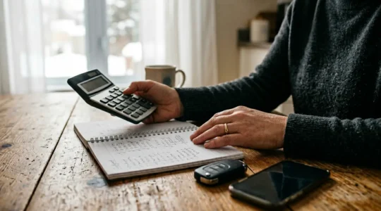 Vue rapprochée de mains tenant une calculatrice et des documents d'assurance automobile dans un intérieur québécois