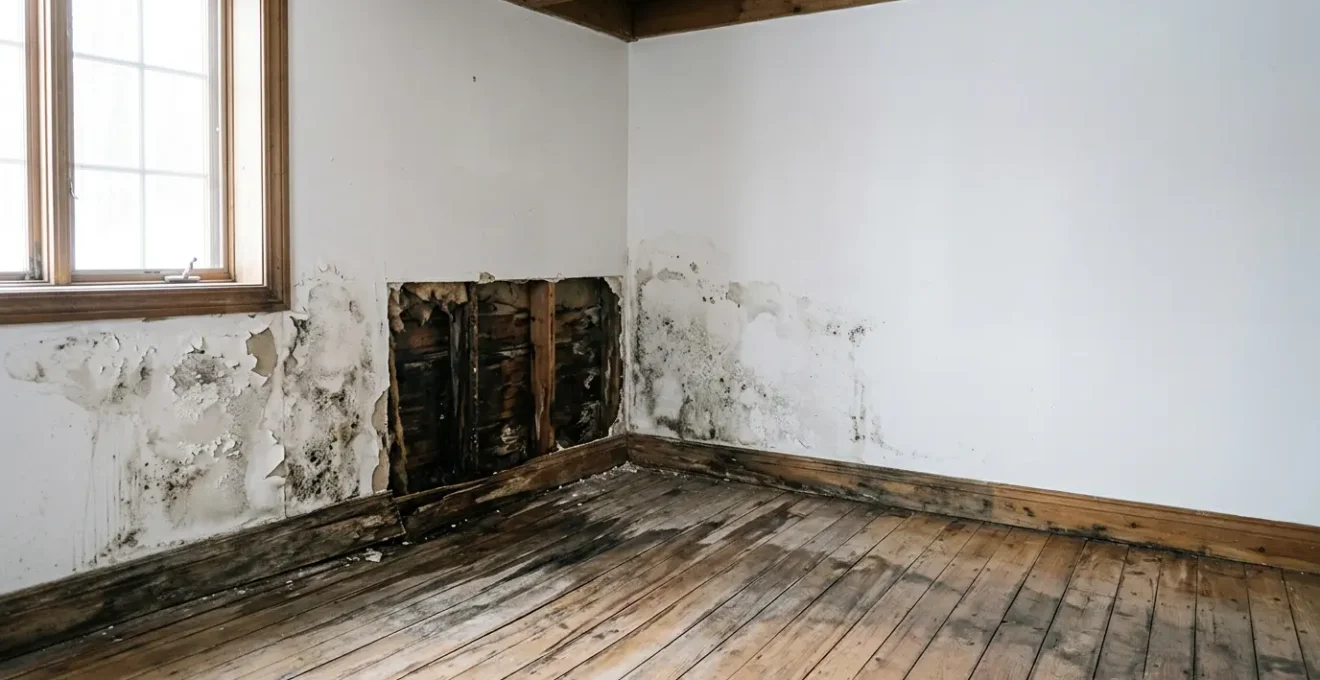 Intérieur résidentiel québécois endommagé par l'eau avec traces d'humidité sur les murs et plancher en bois