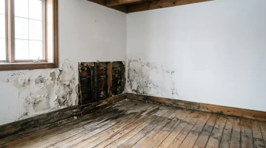 Intérieur résidentiel québécois endommagé par l'eau avec traces d'humidité sur les murs et plancher en bois