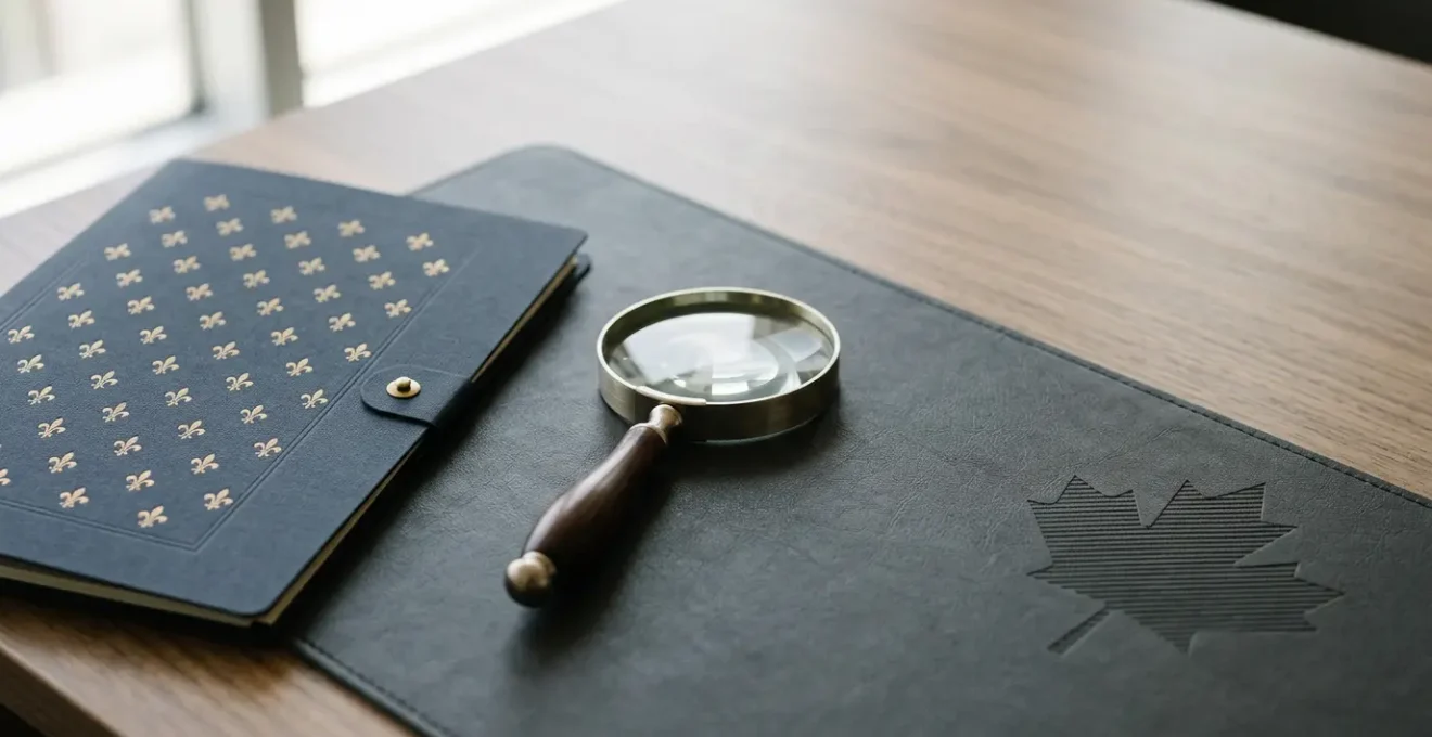 Documents légaux et guide d'assurance avec loupe sur bureau professionnel symbolisant l'expertise juridique au Québec