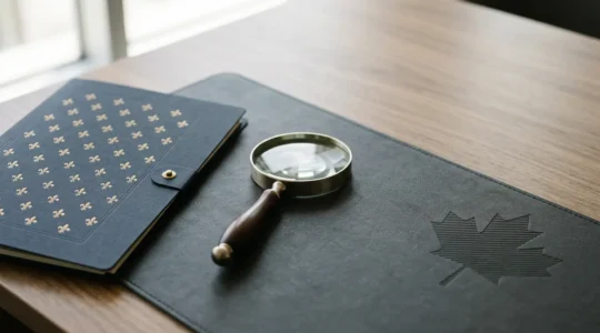 Documents légaux et guide d'assurance avec loupe sur bureau professionnel symbolisant l'expertise juridique au Québec