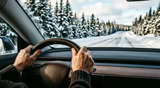 Conducteur expérimenté au volant dans un environnement hivernal québécois