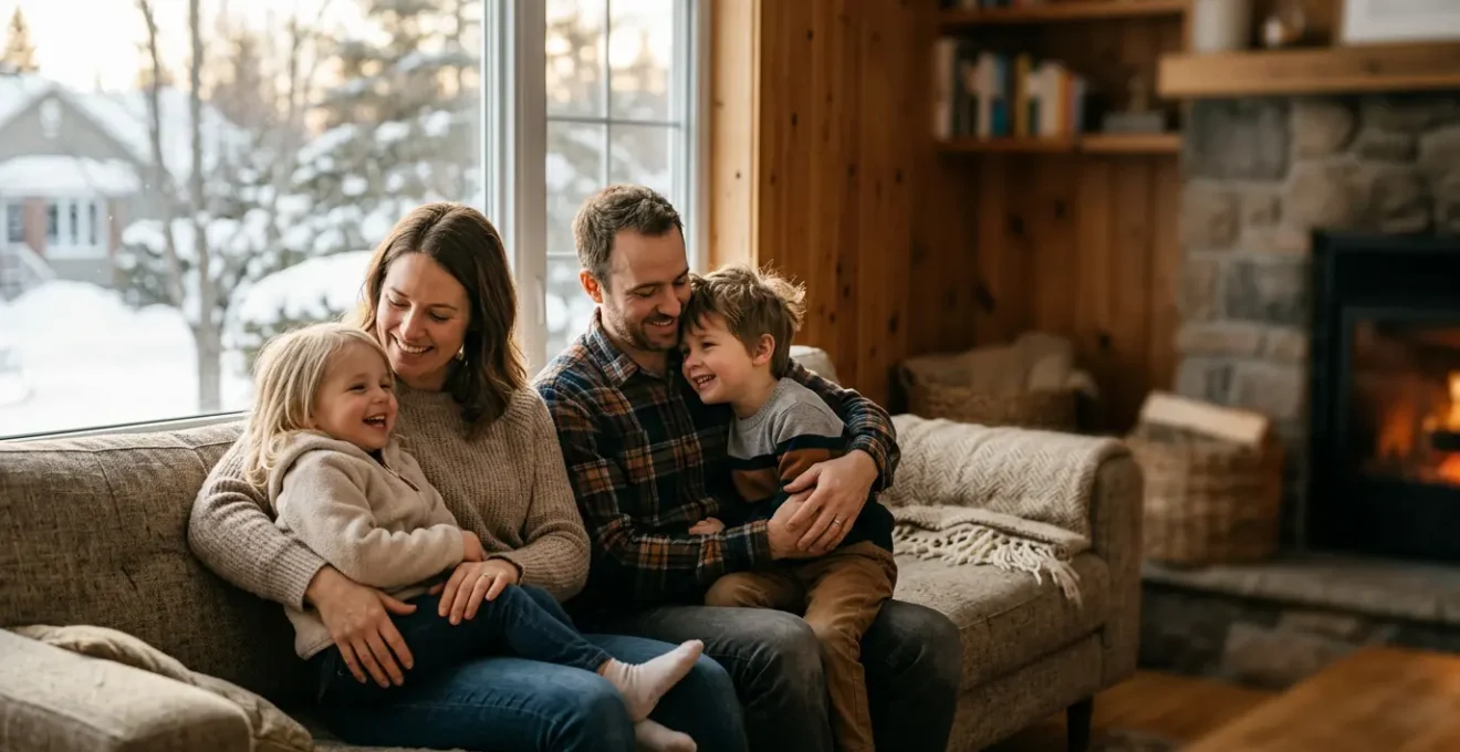 Famille québécoise dans un environnement chaleureux symbolisant la protection et la sécurité financière