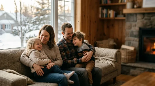 Famille québécoise dans un environnement chaleureux symbolisant la protection et la sécurité financière