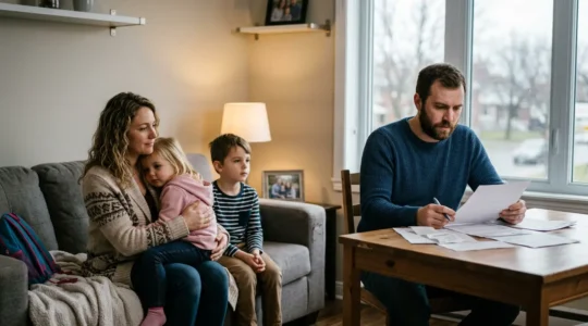 Famille québécoise temporairement relogée après un sinistre, couverte par les frais de subsistance de l'assurance habitation