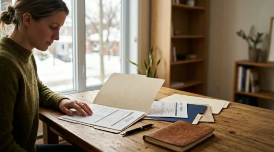 Consultation médicale personnalisée montrant des documents d'assurance santé dans un contexte québécois