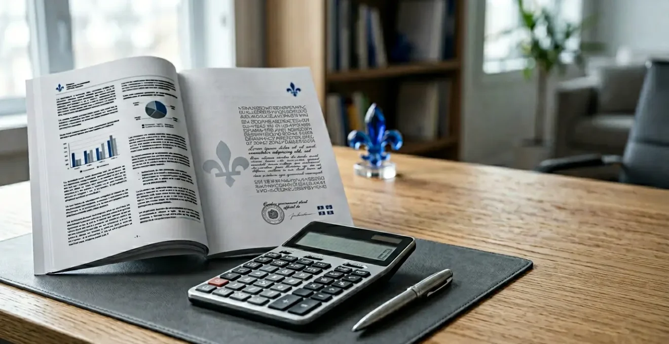 Document légal québécois et calculatrice illustrant les changements réglementaires en assurance