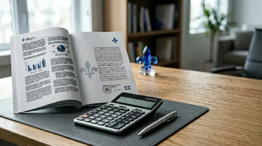 Document légal québécois et calculatrice illustrant les changements réglementaires en assurance