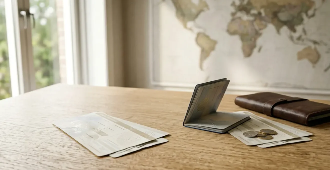Preparation de voyage avec documents d'assurance et passeport sur un bureau