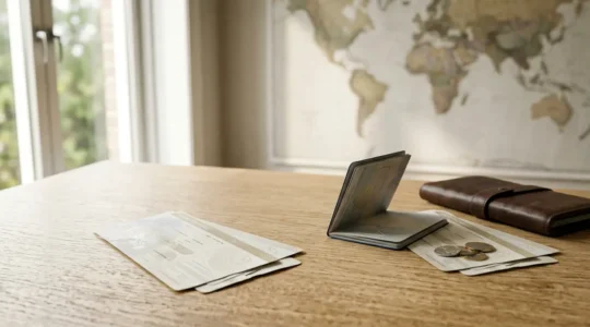 Preparation de voyage avec documents d'assurance et passeport sur un bureau