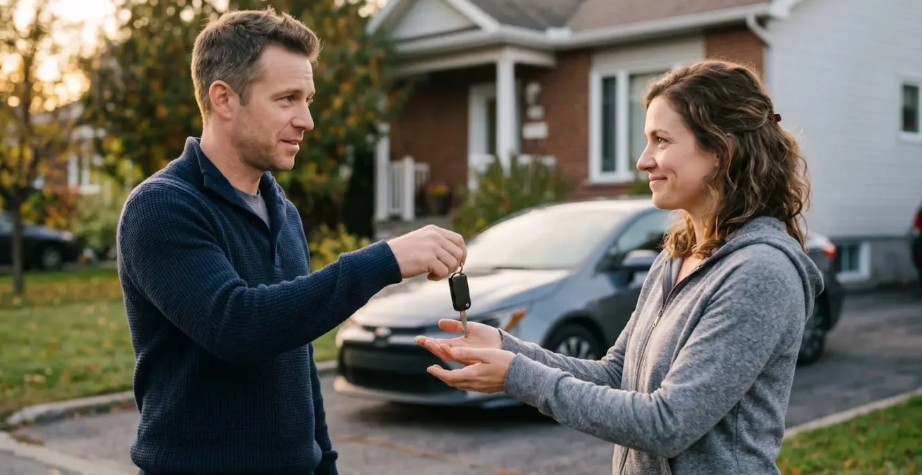 Propriétaire remettant les clés de sa voiture à un ami avec documents d'assurance automobile en arrière-plan