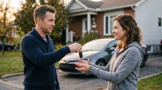 Propriétaire remettant les clés de sa voiture à un ami avec documents d'assurance automobile en arrière-plan