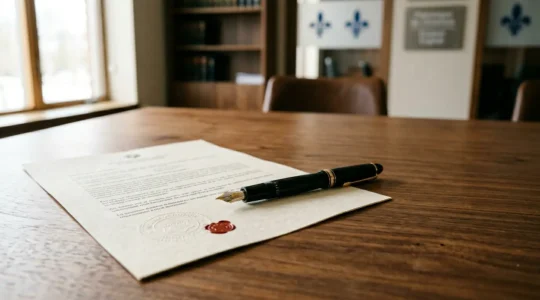 Document juridique et stylo symbolisant la planification successorale et la désignation de bénéficiaires au Québec