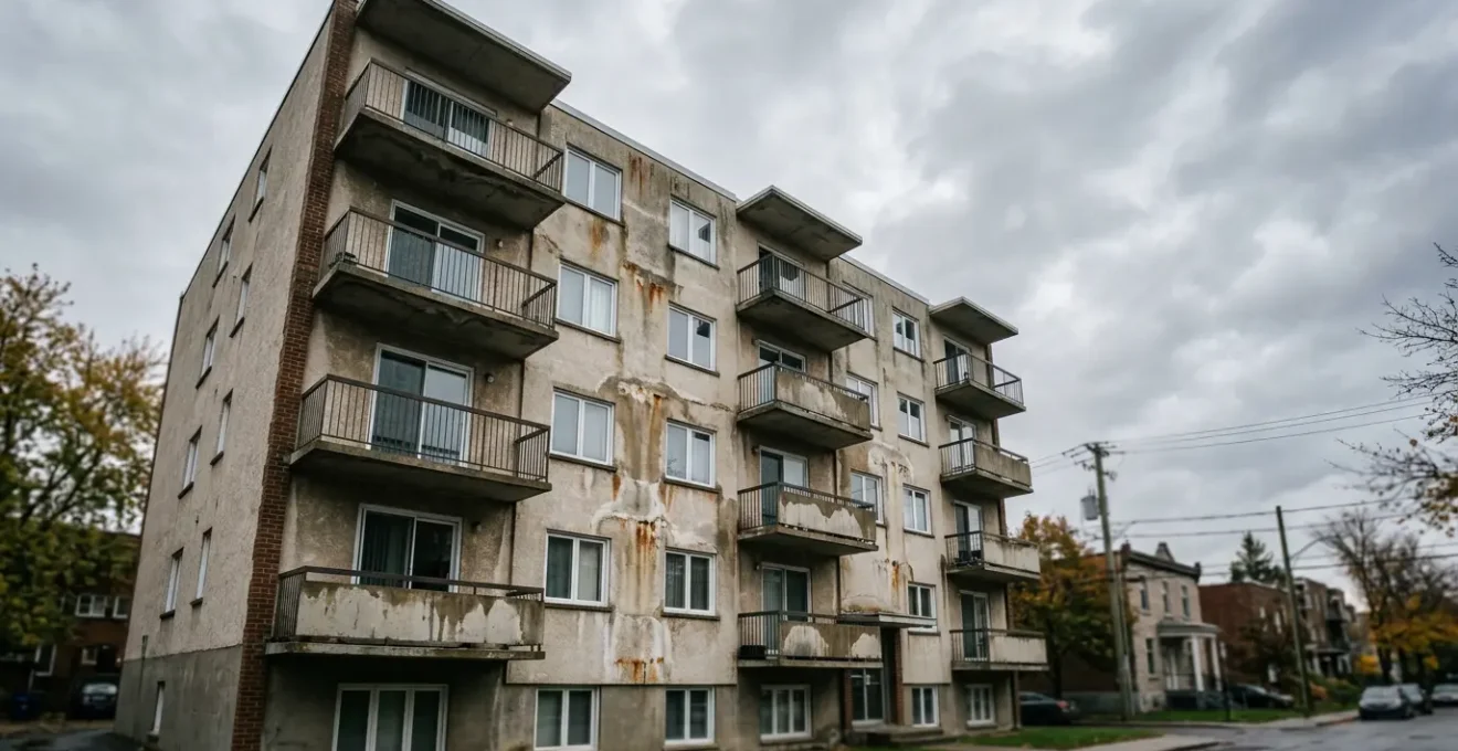 Immeuble résidentiel québécois montrant plusieurs étages avec des traces visuelles de dommages par l'eau entre les unités