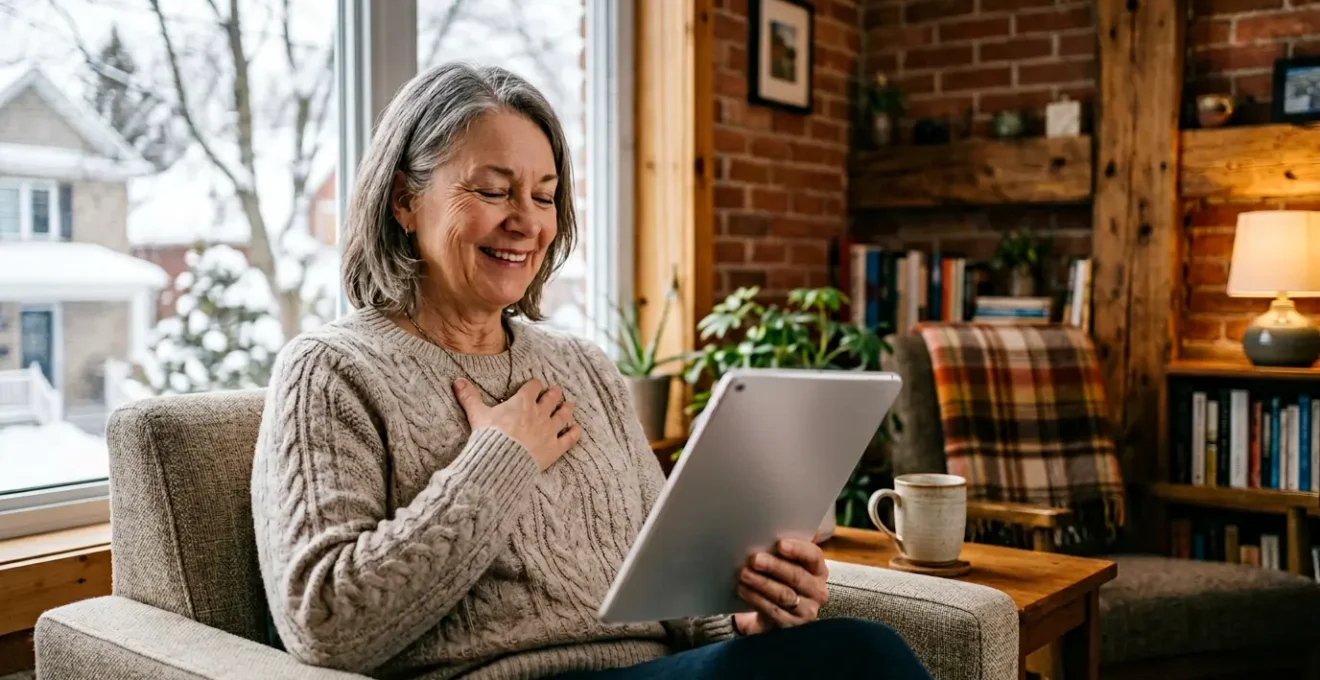 Personne consultant un professionnel de sante via teleconsultation sur tablette dans un environnement confortable au Quebec