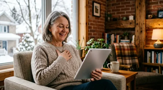 Personne consultant un professionnel de sante via teleconsultation sur tablette dans un environnement confortable au Quebec