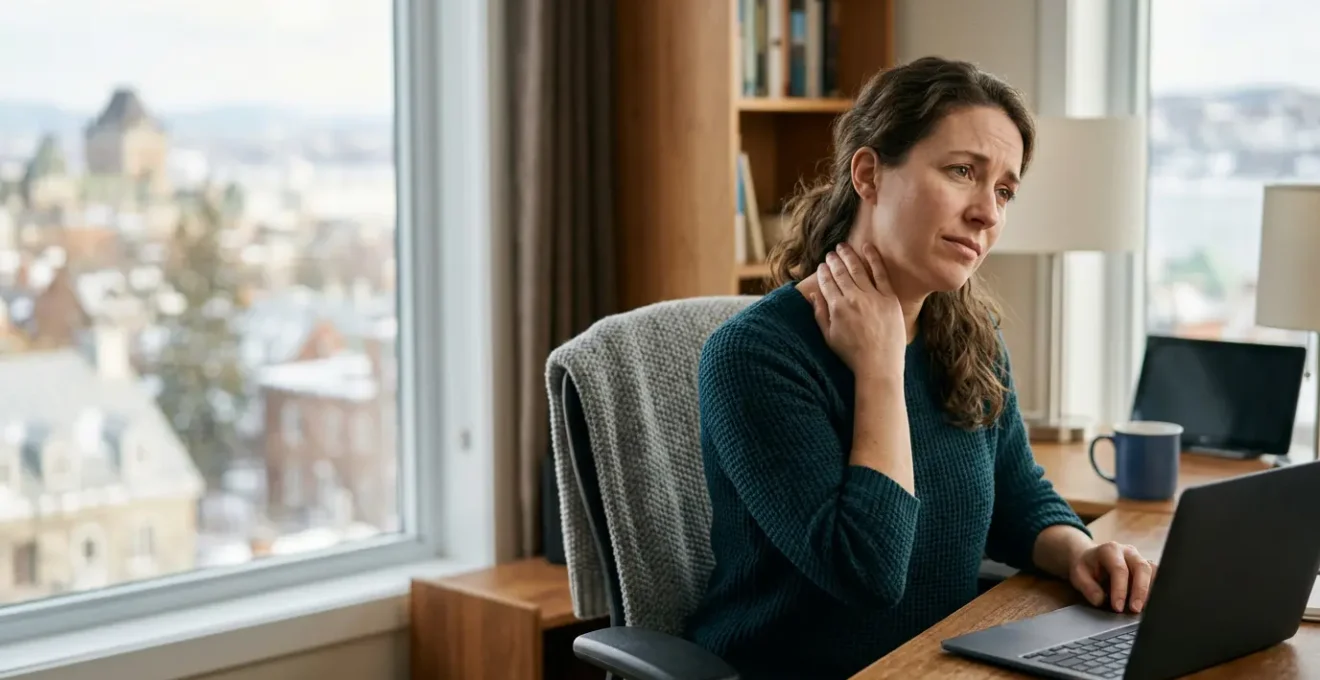 Personne en télétravail ressentant une douleur cervicale dans son bureau à domicile au Québec