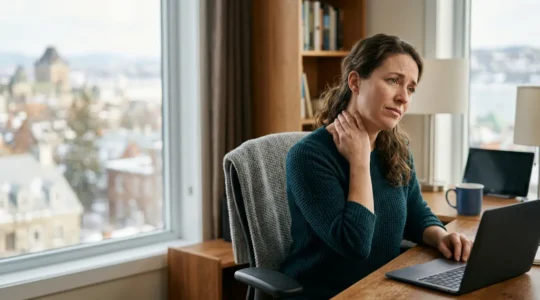 Personne en télétravail ressentant une douleur cervicale dans son bureau à domicile au Québec