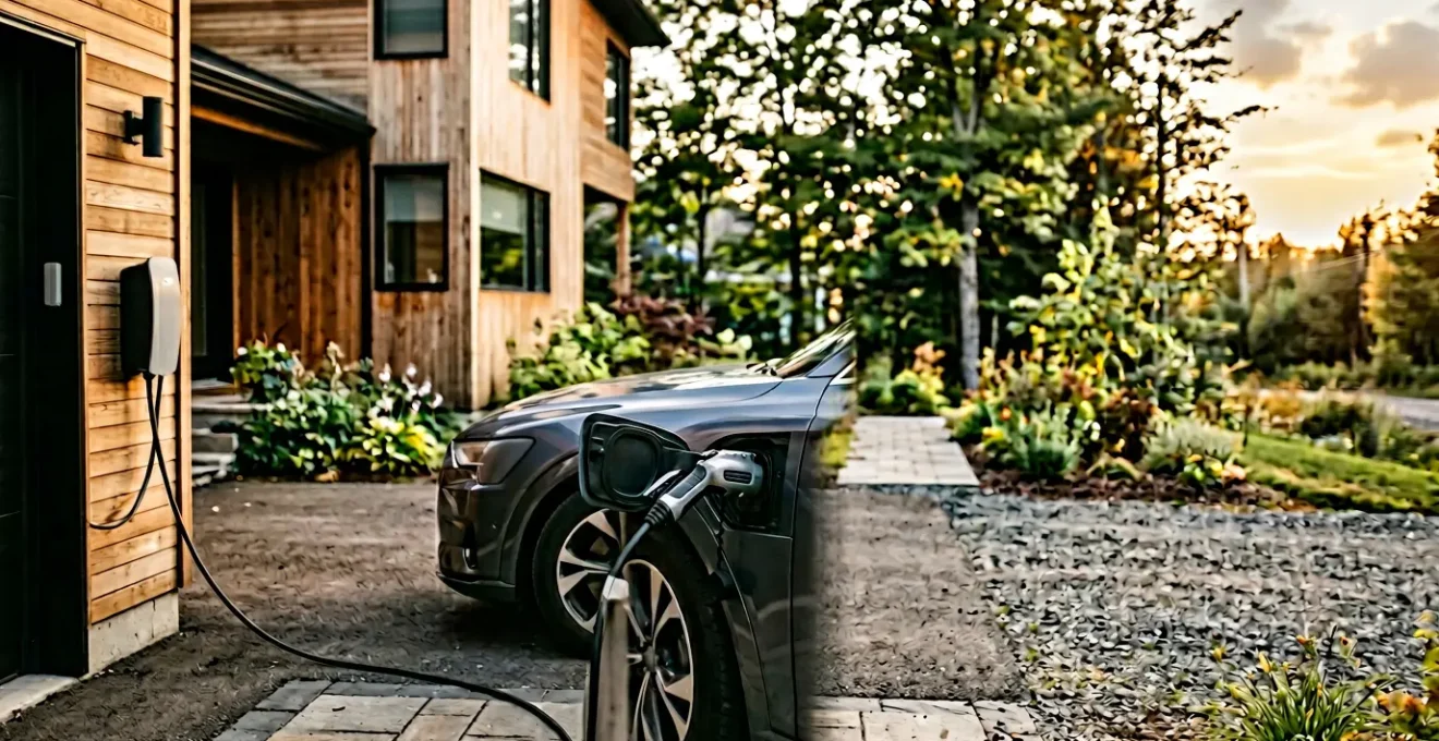 Véhicule électrique en recharge à domicile dans un environnement québécois moderne