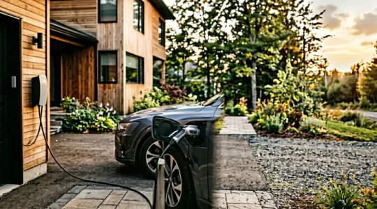 Véhicule électrique en recharge à domicile dans un environnement québécois moderne