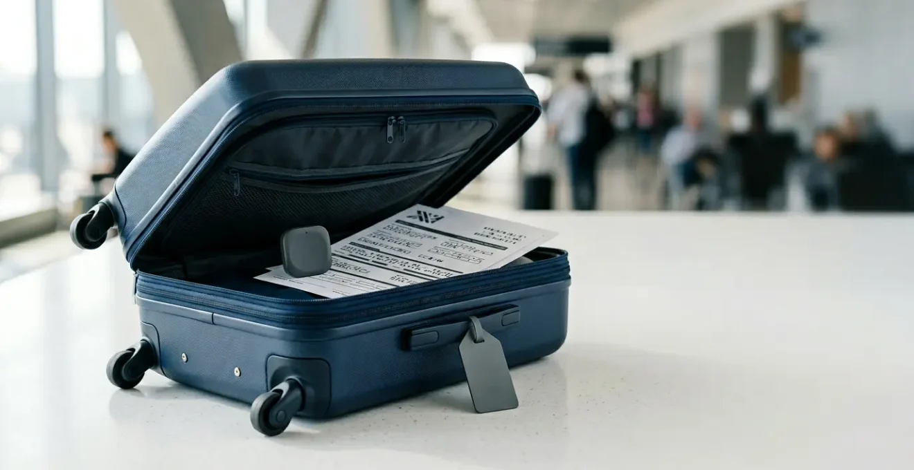 Valise de voyage ouverte avec documents de réclamation d'assurance et traceur GPS