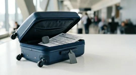Valise de voyage ouverte avec documents de réclamation d'assurance et traceur GPS